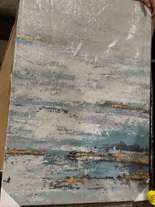 lot 55220 image: MYBEAUTYWALLA Abstract Beach Canvas Wall Art with Gold Foil - Modern Teal and White Ocean Oil Paintings - Large Sea Artwork for Living Room Bedroom Bathroom Decor (Retail $59.90)