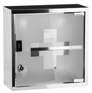 lot 55223 image: Medical Cabinet First Aid Locking Door and 2 Shelves for Medicine & Bandages, Made of Stainless Steel & frosted Glass. Wall Mount Storage Container 12 x 5 x 5 inch. (Retail $49.99)