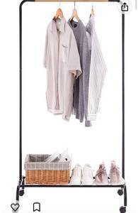 lot 55224 image: YOUDENOVA Clothes Rack on Wheels, Rolling Clothing Rack for Hanging Clothes, Clothing Garment Rack, Black (Retail $28.99)