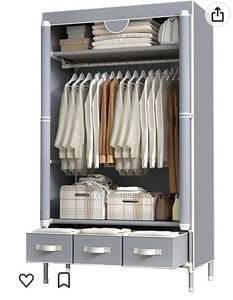 lot 55225 image: ASSICA Portable Clothes Closet Rolling Door Wardrobe with Hanging Rack Non-Woven Fabric Storage Organizer with Three Drawer Boxes No-Tool Assembly - 35.4 x 17.7 x 67.0 ���� (Gray) (Retail $64.99)