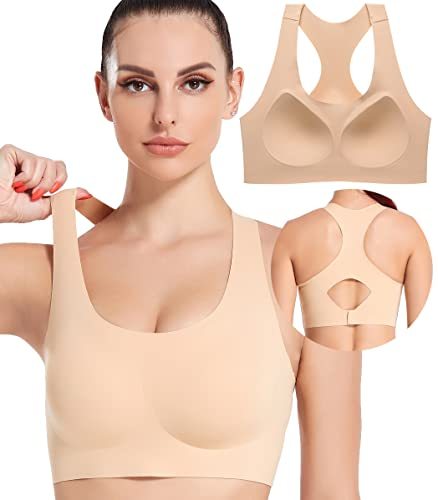 PRETTYWELL Racerback Sports Bras Non Removable Padded, Wirefree Sports Bra  Tops for Women,Comfort Molded Cup Bras A to D Cup,Workout Bra Mid Impact  Nude
