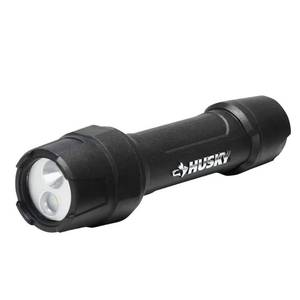 lot 2579 image: Husky 1000 Lumens Tough Stainless Steel Core Multi-Setting LED Flashlight, Impact and Water Resistant with Batteries, Black