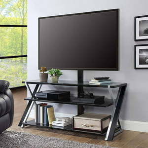lot 1570 image: Whalen Xavier 3-in-1 TV Stand for TVs up to 70, with 3 Display Options for Flat Screens, Black with Silver Accents