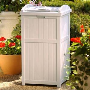 lot 1632 image: Suncast Outdoor Hideaway Trash Container for Patio Taupe 33 Gallon