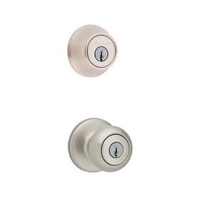 lot 5163 image: Kwikset 690 Cove Keyed Entry Knob and Sgl Cyl Deadbolt Combo Pack in SN