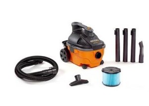 lot 1618 image: RIDGID 4 Gallon 5.0 Peak HP Portable WetDry Shop Vacuum with Fine Dust Filter, Locking Hose and Accessories, OrangesPeaches