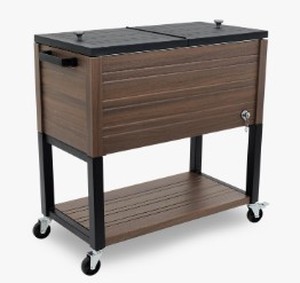 lot 3654 image: 80Qt Brown Wooden Cooler With Black Frame- Retail $139.00