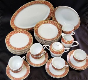 lot 28 image: Royal Vienna China,Pattern RVG4 (1) Platter (1) Serving Bowl (8) Dinner Plates (8) Soup Bowls (8) Salad Plates (8) Saucers (8) Tea Cups - Two Have Damage (1) Cream & Sugar Set