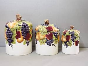 lot 33 image: Retired Better Homes Sonoma Villa Home Interiors Lidded Canisters - Fruit, Apples, Grapes