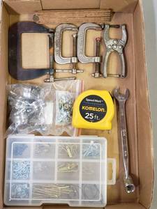 lot 60 image: C-Clamps, Tape Measure, Hardware, 916 Socket Wrench, Toggle Vise, Folding Tape Measure