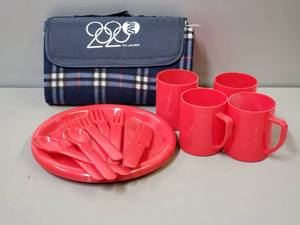 lot 65 image: NEW Roll Up Picnic Insulated Blanket & Red Picnic Dishes