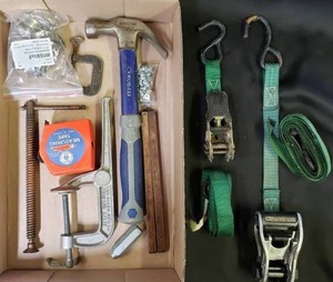 lot 71 image: Hammer, Antique Folding Tape Measure. Measuring Tape, C-Clamps