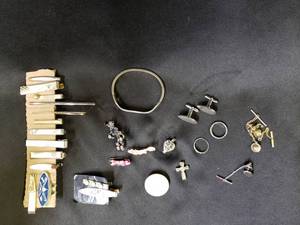 lot 73 image: Vintage Jewelry, Tie Clips & Tacks, Dog Barretts, Navajo Silver, Locket, Bracelet