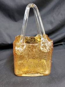 lot 95 image: Hand-blown Bubbled Glass Handbag, Glass Serving Dish, Set Of 4 Wine Glasses