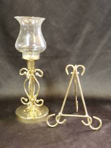 lot 97 image: Vintage Gold Tone Picture Easel, Heavy Metal, Book, Art Holder, Photo, Plate, Bible Stand or Store Display 6.5 Tall & Coordinating Hurricane Lamp Candle Holder