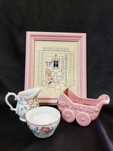 lot 99 image: Churchill Staffordshire England Briar Rose Creamer & Sugar Bowl, Vintage Porcelain, Pink New Born Baby Girl Carriage Planter, Vtg Cross Stitch Framed Kids Bathroom