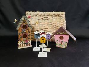 lot 107 image: Birdhouse Collection, Flower Pot Garden Decor, & Light Pink Striped Baske