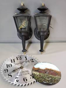 lot 117 image: Pair of Porch Lights w Hanging Hardware, Sears Roebuck & Co. Craftsman Saw Blade Shop Clock, Hand Painted Saw Blade