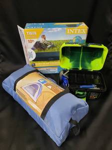 lot 147 image: NEW In Bag Junior Two Person Tent, Small Tackle Box, New Twin Air Mattress