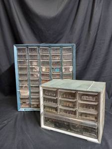 lot 160 image: Vintage Akro-Mills 10-Drawer Storage Organizer Swirled Plastic Chest Cabinet & Handled Metal Drawer Cabinet or Wall Mount Full