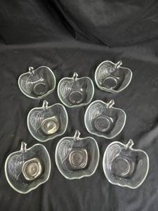 lot 161 image: Vintage KIG Indonesia clear glass apple shaped fruit or dessert bowl with embossed leaf. Set of 8 bowls