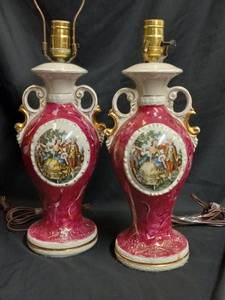lot 163 image: Pair (2)1950s Vintage Antique Victorian George and Martha Cameo Porcelain Table Lamps
