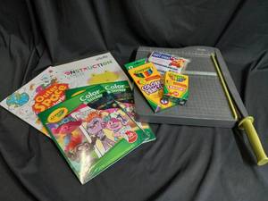 lot 164 image: Swingline Paper Cutter, NEW Trolls Sticker Books, Construction Paper, Outer Space Color Book, Crayola Colored Pencils & Crayons, Craft Stix
