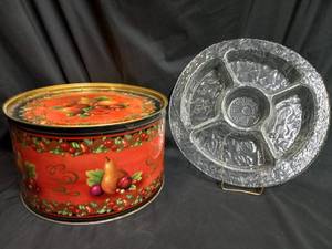 lot 170 image: Glass Sunflower Serving Dish, Fruit Storage Tin
