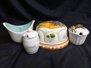 lot 172 image: Vintage Taylor Smith Taylor Boutonniere Ever Yours Blue Gravy Boat, Floral Trinket Box, Ceramic Jello Mold Or Wall Hanging, Vintage Mustard Pot