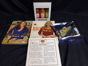 lot 180 image: Rachael Ray Cookbooks, Squincher Electrolyte Beverage, Smith Print Hot Sauce