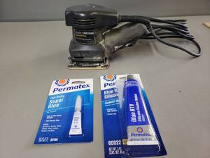 lot 185 image: Craftsman Industrial Finish Sander, Permatex Super Glue, Permatex Blue RTV Silicone