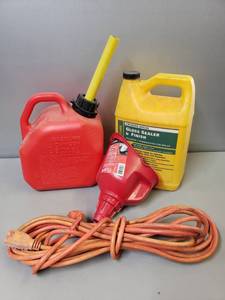 lot 205 image: Gas Can, Gloss Sealer & Finish, Funnel, Extension Cord