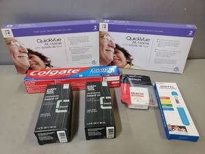 lot 216 image: NEW IN PACKAGE ITEMS Beard Oil, Covid Tests, Toothpaste, Dental Floss, Digital Thermometer