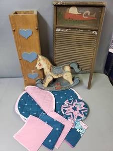 lot 232 image: Country Farmhouse Decor - Vintage Washboard, Table Linens, Toilet Paper Storage, Wooden Rocking Horse
