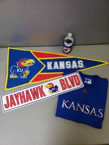lot 243 image: Jawhawks Fan Box - Kansas University Jayhawks Cozie, Pendant-Shirt, Street Sign