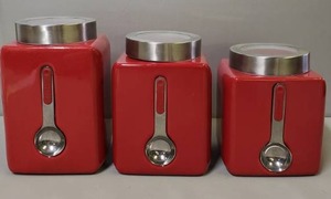lot 248 image: Red Cooks Canister Set 3pc With Magnetic Spoons