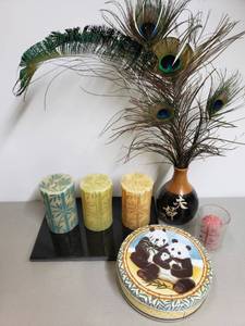 lot 249 image: Panda Tin, Candle Set On Tile Tray, Pottery Vase, Glass Votive, Peacock, Safari, Jungle