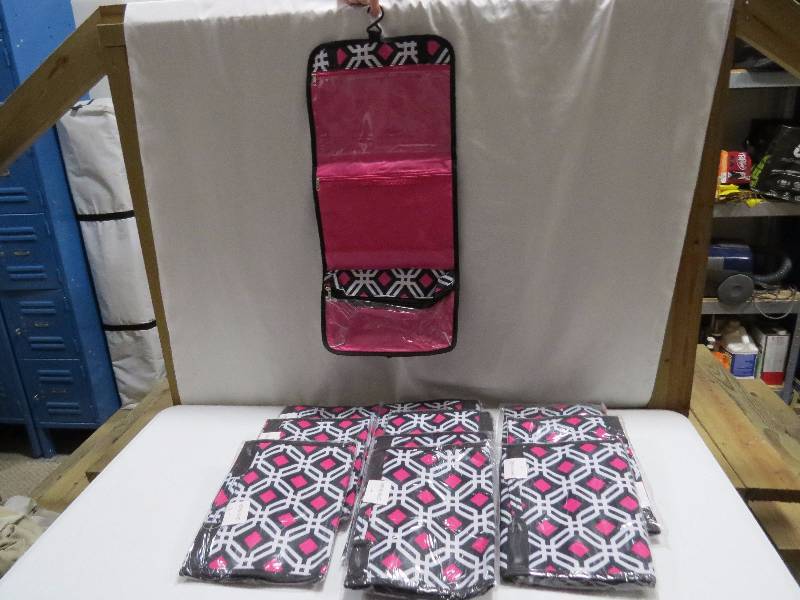 lot 81 image: Lot of 12 Multicolor Geometric HangingTravel Cosmetic Bags