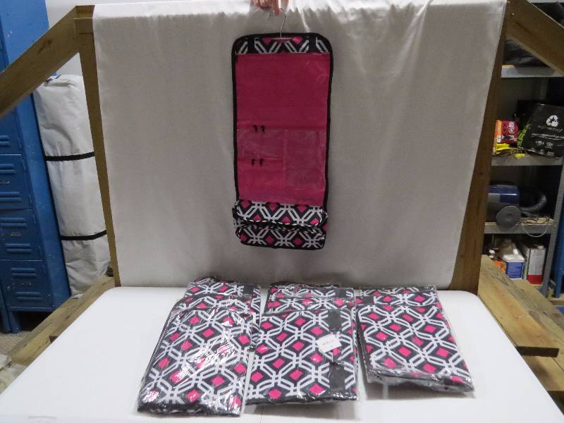 lot 82 image: Lot of 12 Multicolor Geometric HangingTravel Cosmetic Bags