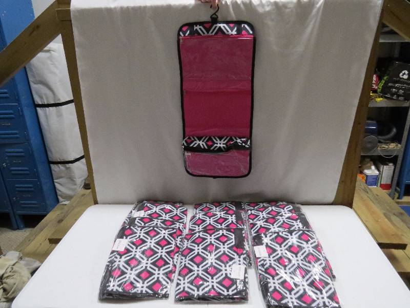 lot 83 image: Lot of 12 Multicolor Geometric HangingTravel Cosmetic Bags