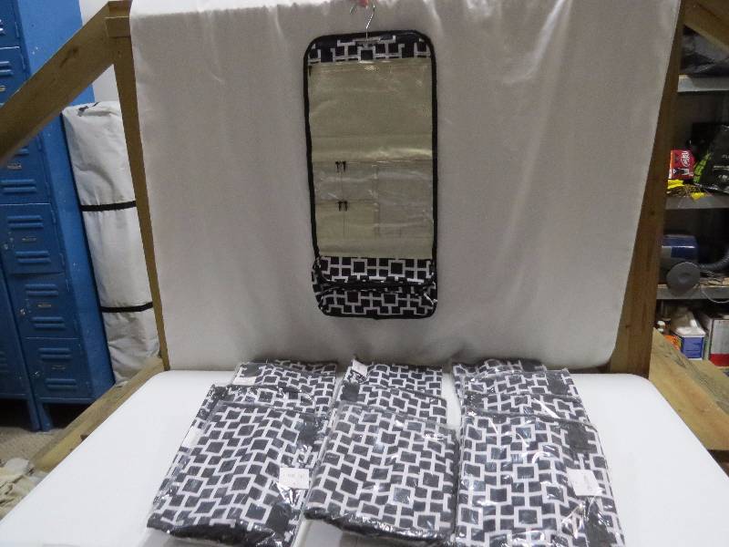 lot 93 image: Lot of 12 Black Geometric HangingTravel Cosmetic Bags