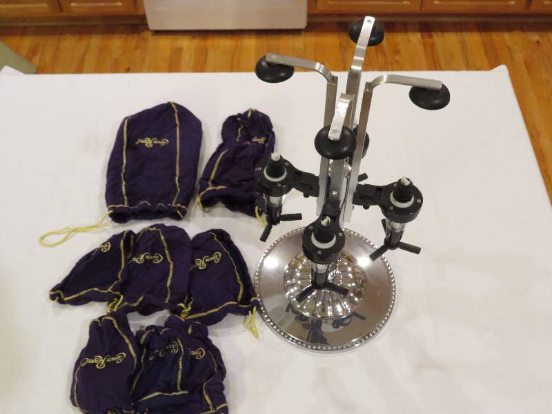 lot 359 image: 4-Bottle Turnstyle Liquor Dispensor and Crown Royal bags