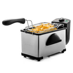 lot 45566 image: Ovente Deep Fryer 2 Liter Oil Capacity Stainless Steel with Frying Basket and Lid with View Window Powerful 1500 Watts with Adjustable Temperature Control Cool Touch Handle Silver FDM2201BR