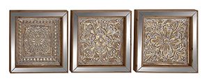 lot 45600 image: Deco 79 Metal Floral Embossed Wall Decor with Mirror Panels, Set of 3 15W, 16H, Gold