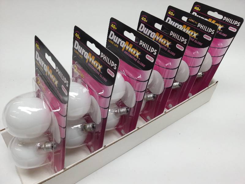 lot 8797-2 image: New package of 6 double packs (12 total bulbs) in a display or storage carton 40W DuraMax White decorative globes.