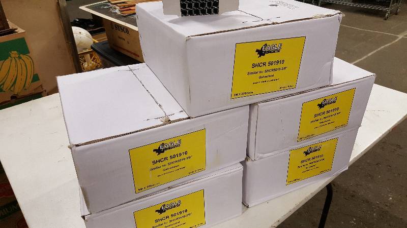 lot 7430-10 image: 5 cases (20 X 5M boxes in each case) of Eagle SHCR5019 38-inch Galvanized staples