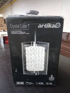 lot 53 image: Artika Crystal Cube 5.5-Watt Integrated LED Chrome Dimmable Pendant with Glass Shade