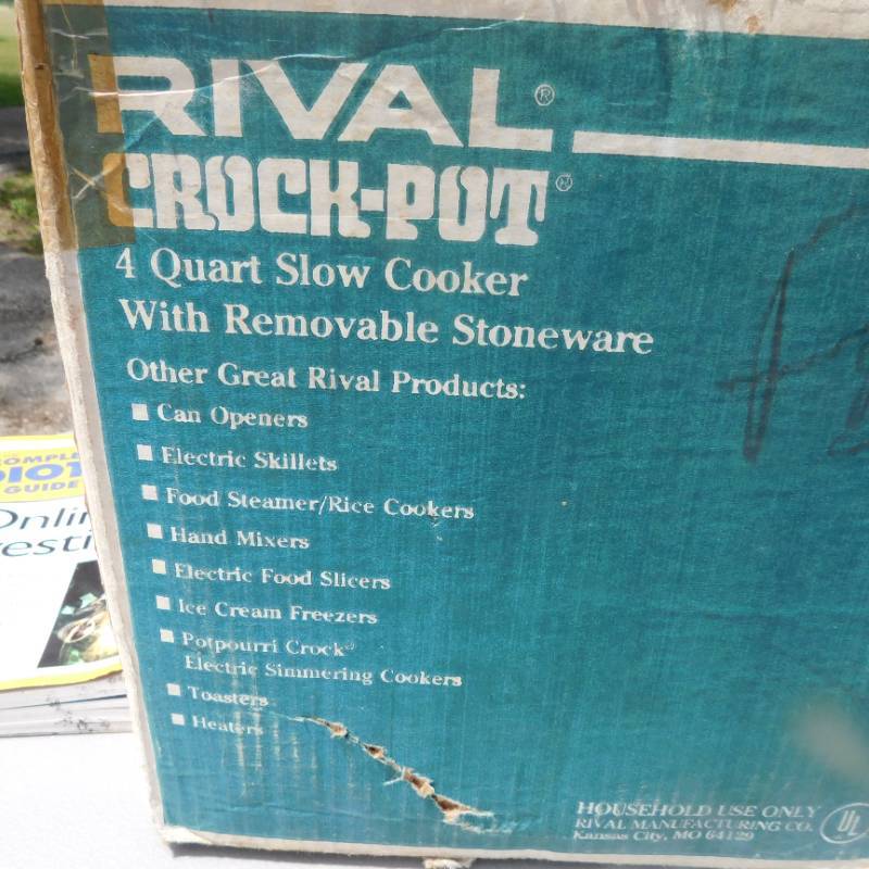 Vintage Rival Crockpot in Original Box, Foster Household Estate  Liquidation! Studebaker Parts & Memorabilia, Furniture, Stereo Equipment,  Appliances, GMC Wheels, Tool Boxes & Tools, Camping Equipment, Kitchen  Items & More