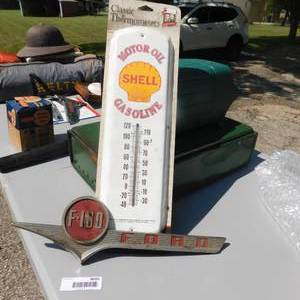 lot 8016 image: Shell Motor Oil Thermometer &  Vintage Ford 100 Emblem