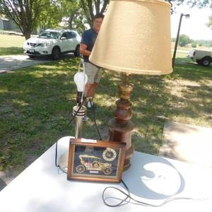 lot 8085 image: Framed 1910 Touring Car Clock & Table Lamps (2)